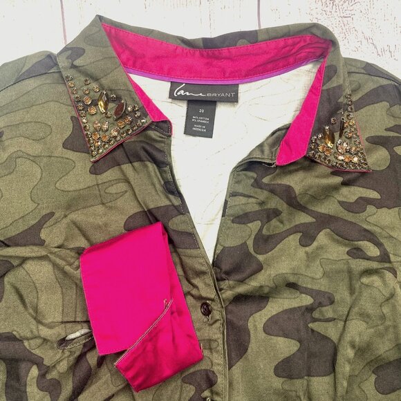 Lane Bryant Sz 20 Bling Fancy Camo Rhinestone Pink Button up Blouse Women's Plus - Picture 1 of 7